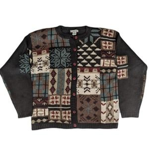 Vintage Wool Blend Cardigan Sweater Grannycore Patchwork Snowflake Size Medium